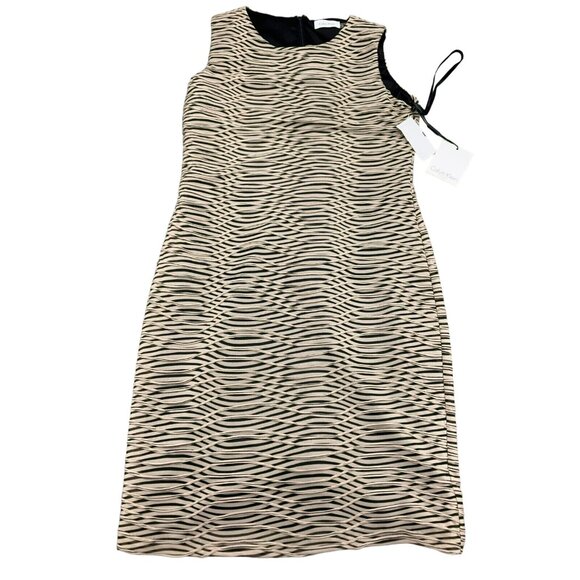 Calvin Klein Dress Women 8 Tan Black‎ Textured Sheath Stripe Classic Party NWT - Picture 1 of 8
